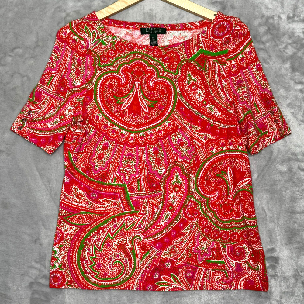 Lauren Ralph Lauren Top Womens Petite Large Paisley Boat Neck Sleeve Button